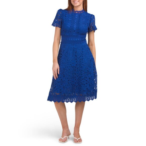 DALIA MACPHEE Cobalt Short Sleeve Lace Dress